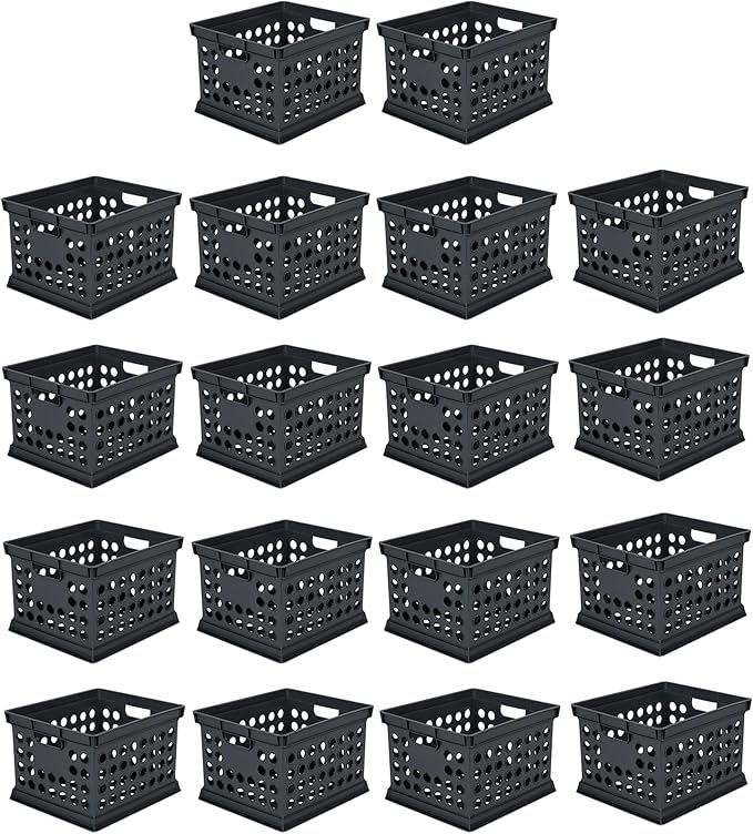 Sterilite Stackable Plastic Storage Crate Bin Organizer File Box with Handles for Home, Office, Dorm, Garage, or Utility Organization, Black, 18-Pack
