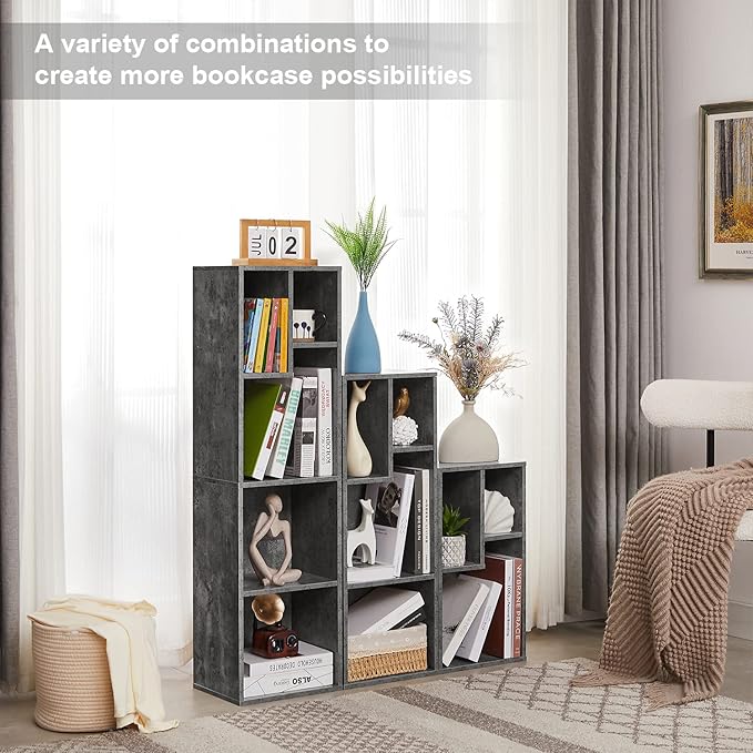 VECELO 3-Tier Small Bookcase, 4 Cube Bookshelf with Height Difference Shelves for Most Books, Modern Floor Standing Unit, Each Shelf Hold Up to 66 LBS for Living Room Bedroom, Grey