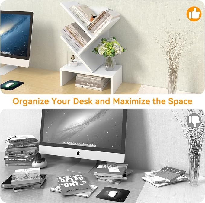 Godferyxin Small Bookshelf with Drawer,Mini Book Holder for Desk,White Wood Desktop Book Shelf for School,Office,Bedroom,Organizer CDs-Tree Bookcase