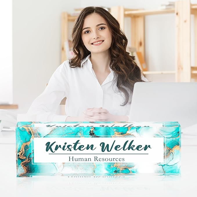 Desk Name Plate Personalized, Premium Ocean Blue Gold Marble Acrylic Desk Name Plate, Personalized Name Plate for Desk, Office Decor for Women or Men Coworkers, Boss, Employee, Teacher