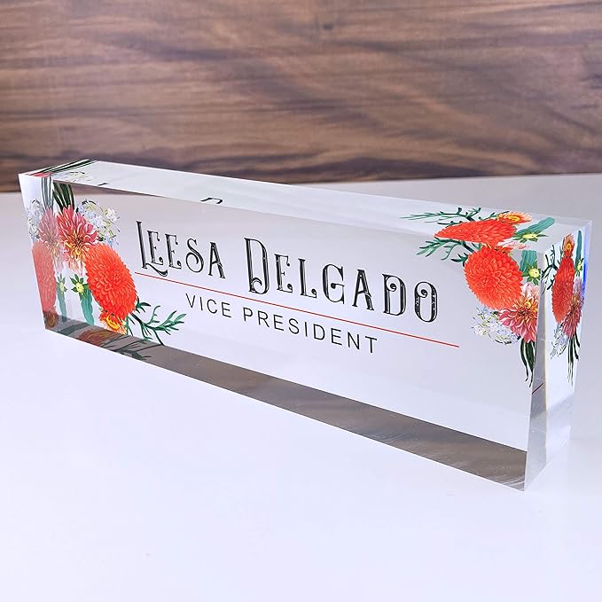 Artblox Office Desk Name Plate Personalized | Custom Name Plates for Desks | Autumn Flowers Design On Clear Acrylic Glass | Office Desk Decor - (8" x 2.5")