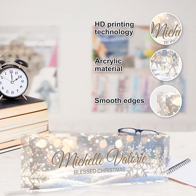 Custom Desk Name Plate Personalized, Acrylic Name Plates for Desk, Office Decor Personalized Gifts for Teacher Coworkers Boss Nurse Christmas Snowflakes