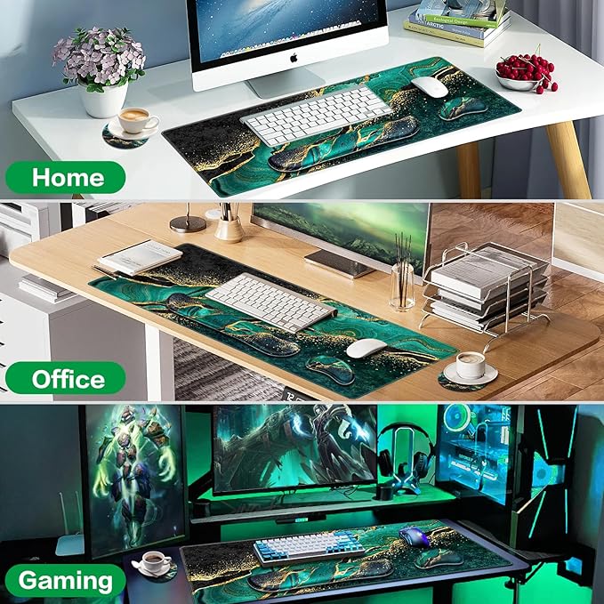 Mouse Pad Green, Desk Mat, Large Gaming Mouse Pad with Wrist Rest, 4in1 XXL Mousepad+Keyboard Wrist Rest+Mouse Pad Wrist Support+Cup Coaster Set Ergonomic Computer Desk Pad for Decor Office Women