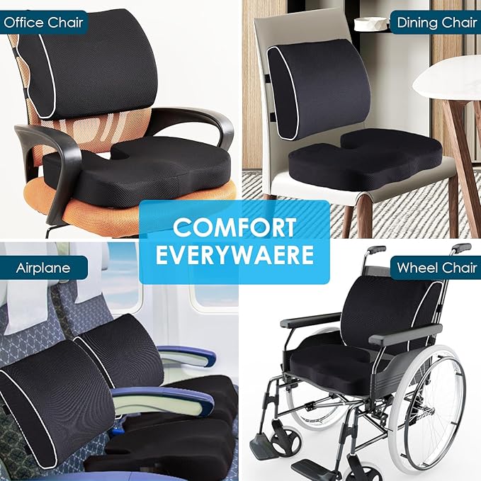 Coccyx Seat Cushion and Lumbar Support Pillow for Office Chair Wheelchair, Orthopedic Car Seat Cushion Memory Foam Back Support Cushion for Lower Back Pain,Tailbone & Sciatica Pain Relief Black
