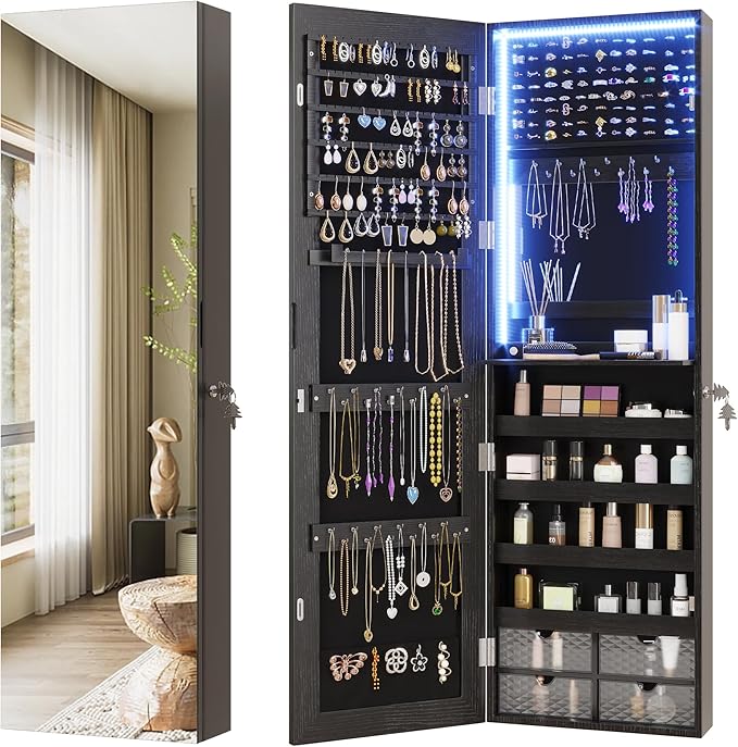 Vlsrka 47.2" LED Jewelry Armoire Organizer, Wall/Door Mounted with Full Length Mirror, Large Storage Hanging Cabinet, 4 Drawers, 5 Shelves, Built-in Lighted Mirror (Wood Black)