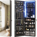 Vlsrka 47.2" LED Jewelry Armoire Organizer, Wall/Door Mounted with Full Length Mirror, Large Storage Hanging Cabinet, 4 Drawers, 5 Shelves, Built-in Lighted Mirror (Wood Black)