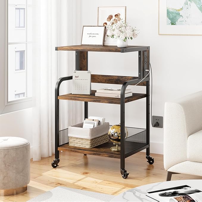GarveeLife Printer Stand with Power Outlets, 3-Tier Rolling Printer Table with Lockable Wheels, Heavy Duty Printer Cart with Adjustable Shelves, Utility Storage Cart for Home, Office, Brown