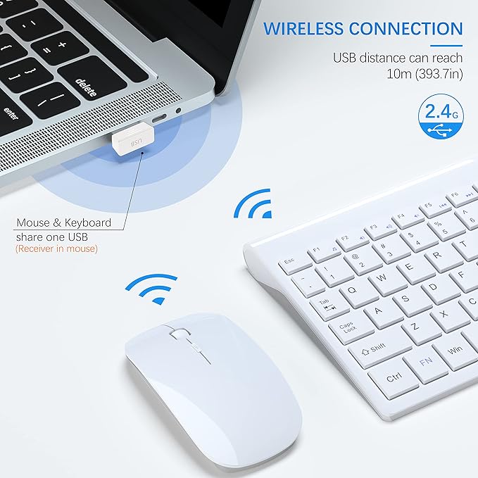 Wireless Keyboard and Mouse Ultra Slim Combo, TopMate 2.4G Silent Compact USB 2400DPI Mouse and Scissor Switch Keyboard Set with Cover, Batteries Included, for PC/Laptop/Windows/Mac - White