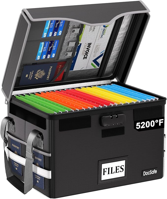 DocSafe 5200°F Fireproof Document Box with Lock,Heat Insulated File Organizer Storage with Pockets,Collapsible Portable Home Office File Safe Box with Handle for Hanging Letter/Legal Folders, Black