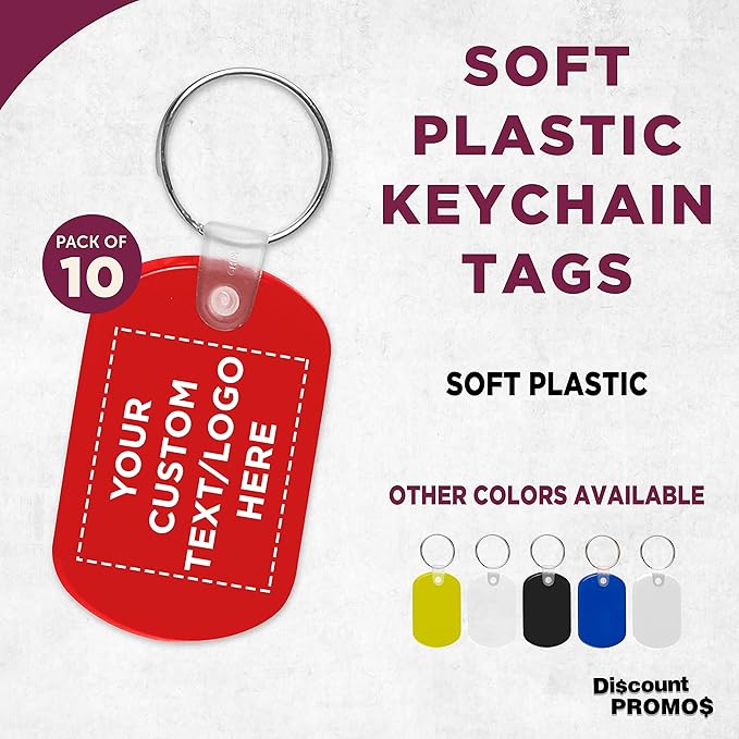 DISCOUNT PROMOS Tag Soft Plastic Keychains - 10 pack - Customizable Text, Logo - Small Key Tag Chain For Staying Organized - Rubber Key Ring Keychain – Red