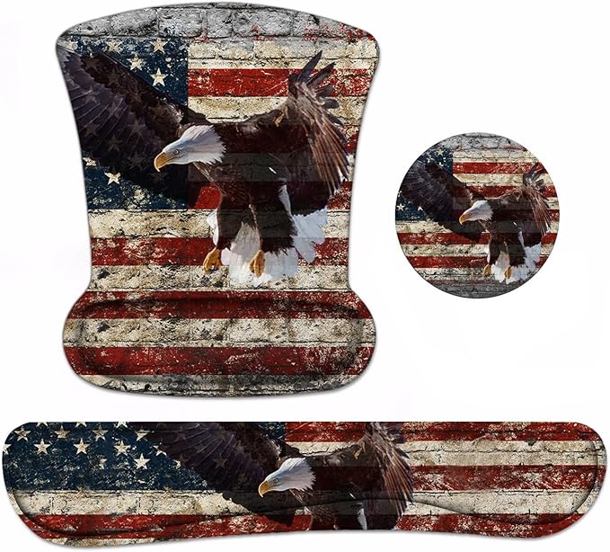Keyboard Wrist Rest and Mouse Pad Wrist Support Set with Coasters, Non-Slip PU Base Ergonomic Mousepad for Computer Laptop Home Office Easy Typing & Pain Relief, Military Wall Graffiti USA Flag Eagle