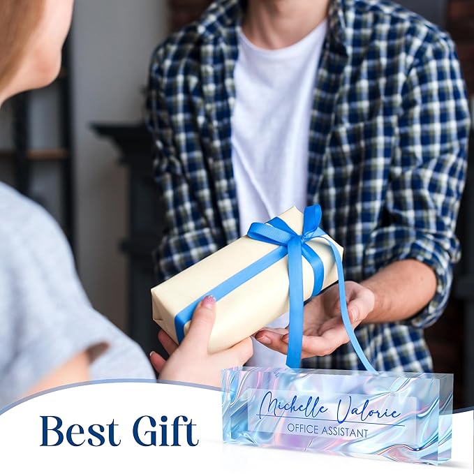 Personalized Office Name Plate, Custom Name Plate for Desks, Office Desk Decorations Gift for Women Men, Acrylic Desk Name Plate for Teacher Coworkers Staff Boss (Laser Ripple)