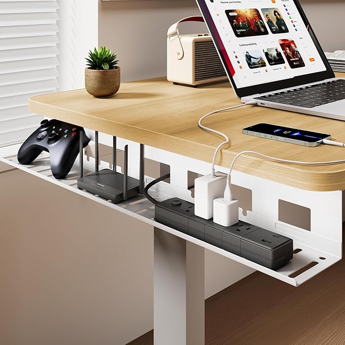 Under Desk Cable Management Tray, 31.5 Inches Metal Cord Organizer Rack, Desk Tray for Power Strip, Cord, Wire, Easy Mounting Cable Management Under Table for Home Office, White