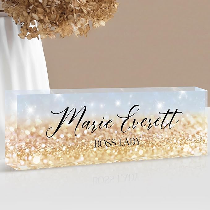 Custom Name Plate for Desk | Personalized Boss Employee Appreciation Gifts | Acrylic Office Accessories (A-Blue Gold Crystal)