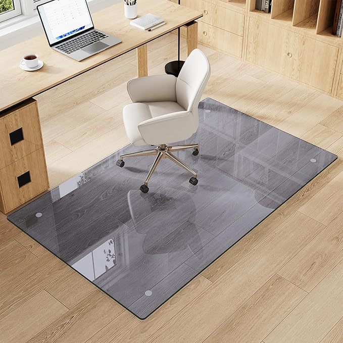 Tempered Glass Gray Chair Mat for Carpet & Hard Floor, 36"x55" Office Chair Mat - Heavy Duty & Scratch Resistant, Non-Slip Pads, Rounded Corners & Polished Edges