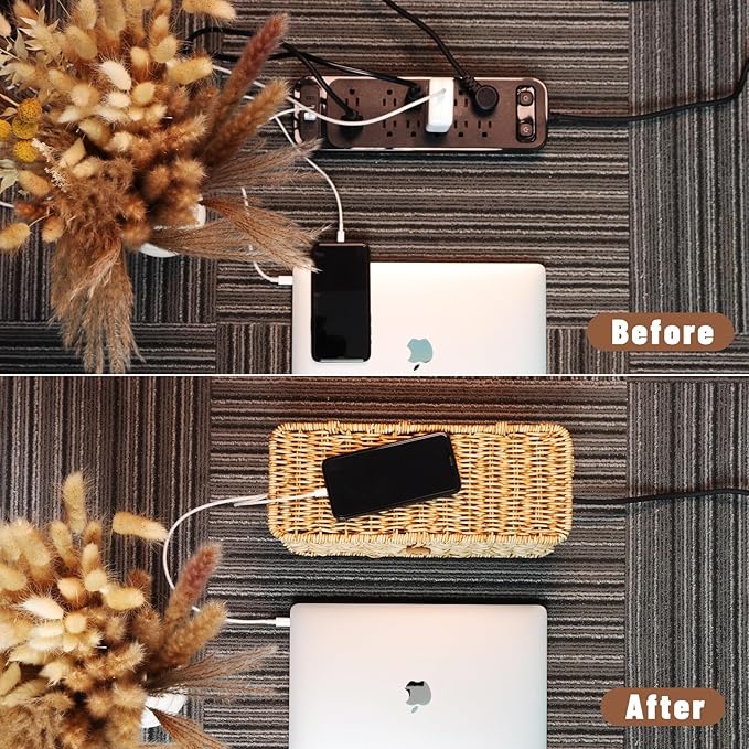 BROWNLILY Cable Management Box, Rattan Style Cord Organizer for Desk Cord Hider Outlet Covers Baby Proofing for Power Strip TV PC Router Charger Under Desk Storage - Natural Small