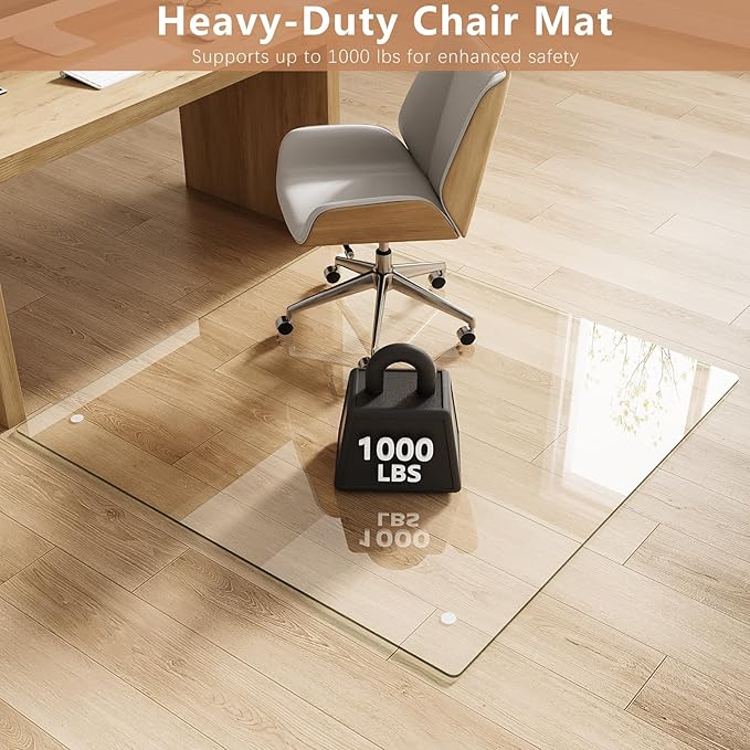 Tempered Glass Chair Mat for Carpet & Hard Floor, 48"x48" Office Chair Mat - Heavy Duty & Scratch Resistant, Non-Slip Pads, Rounded Corners & Polished Edges