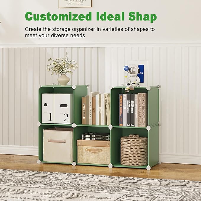 C&AHOME 6-Cube Storage Organizer, Stackable Storage Cubes Shelves, Portable Bookshelf, Plastic Clothing Storage Closet Organizer, DIY Modular Shelving Units for Wardrobe, Home, Green
