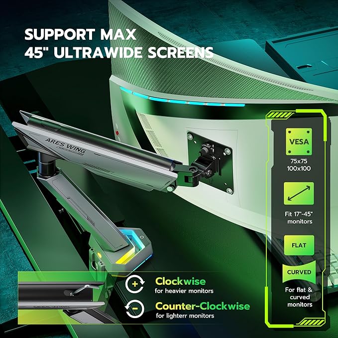 ARES WING RGB Single Monitor Arm Desk Mount for 17-45 inches Flat and Curved Monitors, Holds 35.2 lbs Heavy Duty, Adjustable Ultrawide Monitor Arm with Clamp & Grommet Base, 75/100 VESA Mount, Gray
