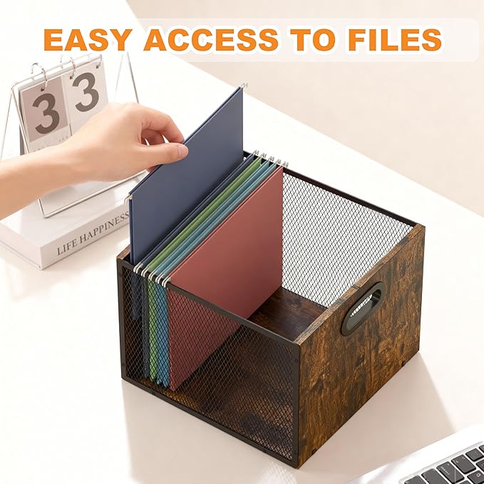 Piskyet Wooden Hanging File Organizer for desk, Metal Mesh File Folder Organizer Crate Cabinet Storage Box with Handle for Home Office Desk,Letter - Size,Rustic Brown