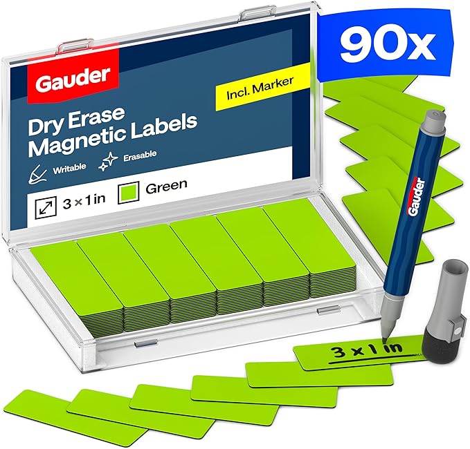 GAUDER Magnetic Dry Erase Labels | 90x Magnetic Labels (3 Inches x 1 Inch) | Dry Erase Magnets for Classroom, Whiteboard and Blackboard