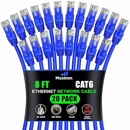 Maximm Cat 6 Ethernet Cable 8 ft (20-Pack) - High-Speed LAN Cable, Internet Cable, Patch Cable, and Network Cable - UTP, 10Gbps, 550MHz Ethernet Cord - Blue