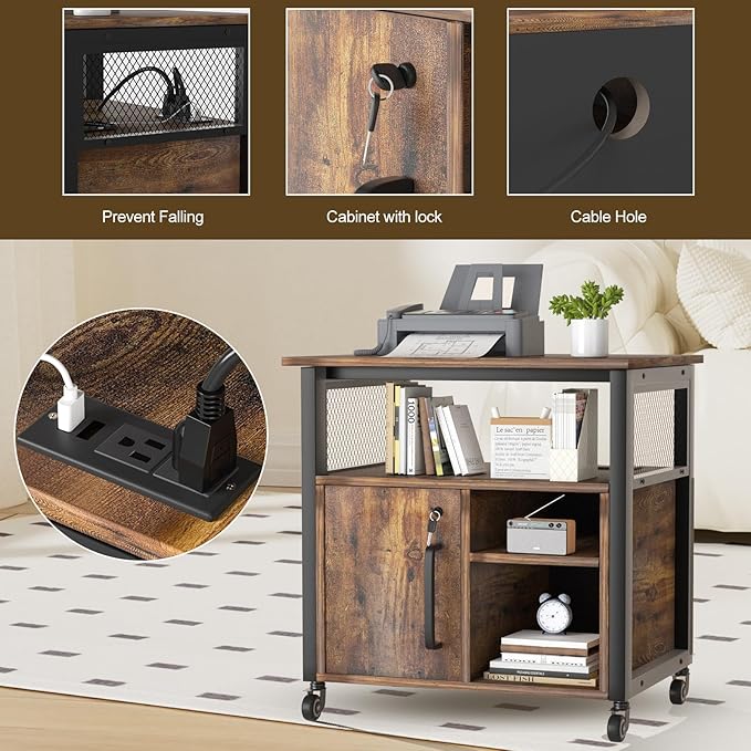 Lateral File Cabinet, Locking Office Filing Cabinets with Socket and USB Charging Port,printer cart with storage，Modern Rolling Printer Stand with Storage for Printer Scanner Fax，Brown