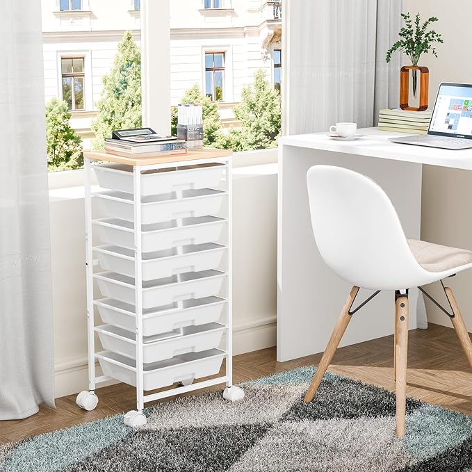 Rolling Cart with 8 Drawers, Art Cart with Large Storage Drawers and Thick Wooden Tabletop, Utility Craft Cart for Living Room, Office, Classroom, Craft Room, Bedroom, Dorm, White