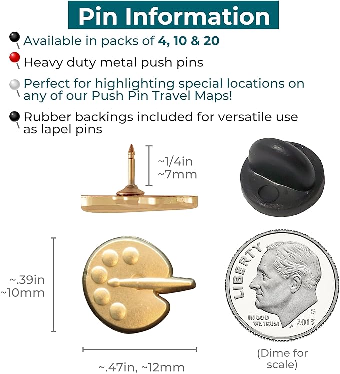 Painters Palette Push Pins - Gold Paint Palette Map Pins for Artists for Cork Boards, Maps, or Lapel Use - Designed in USA - Set of 4
