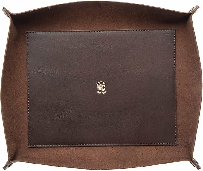 USA Handmade Premium Leather Valet Tray, Folds Flat! Dice Rolling Basket and Organizer With Brass Rivets (Dark Walnut Brown, XL)