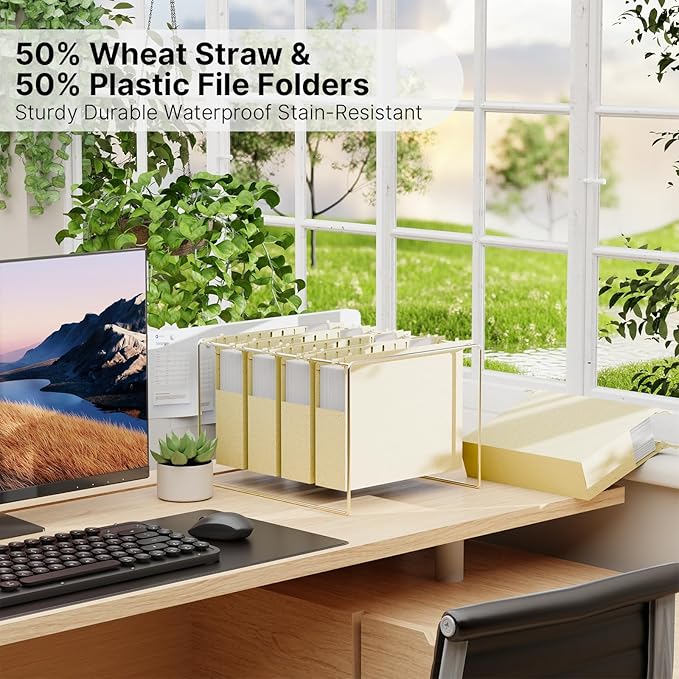 Wheat Straw Plastic Hanging File Folders,2 Inch Expansion Letter Size Filing Cabinet Folders,Heavy Duty Expandable File Folder,12 Pack Extra Capacity Hanging Folders with Tab (Morandi Beige)