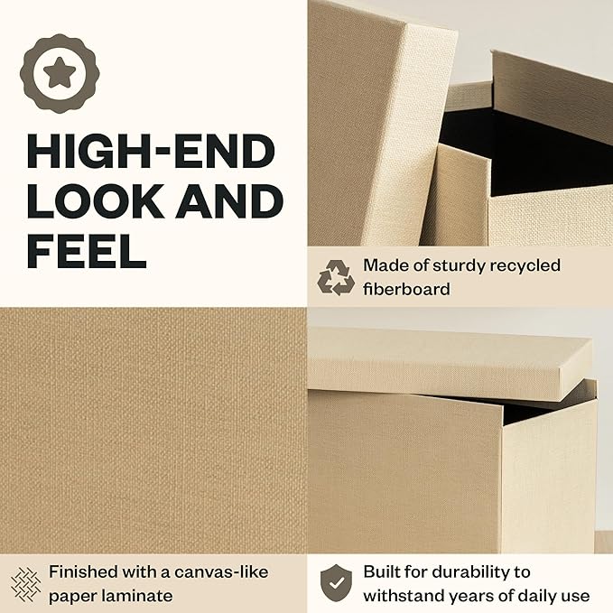 Bigso John File Box - File Storage Box and File Organizer for Important Paperwork - Durable Hanging File Box with Lid and Leather Handle - 7.36 in x 13.26 in x 10.51 in - Cream