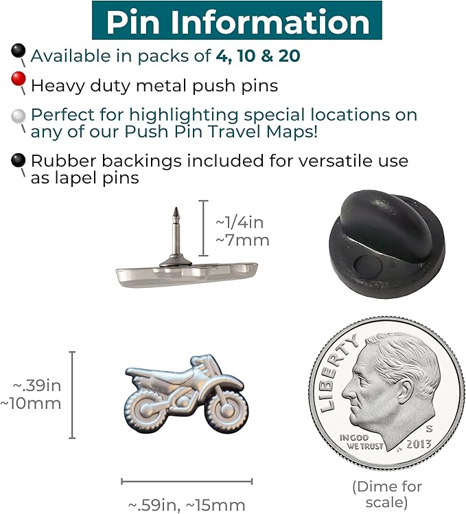 Dirt Bike Push Pins - Silver Dirt Bike Map Pins for Cork Boards, Maps, or Lapel Use - Designed in USA - Set of 10