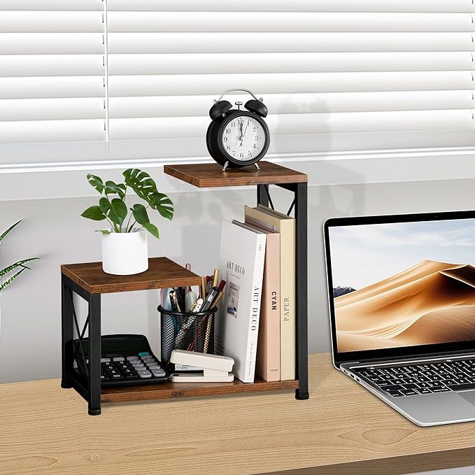 Desk Shelf Organizer, 3 Tier Storage Shelf Riser Display Stand, Wood Desktop Organizer Small Bookshelf, Desktop Shelf for Office Decor and Desk Accessories,Rustic Brown Black
