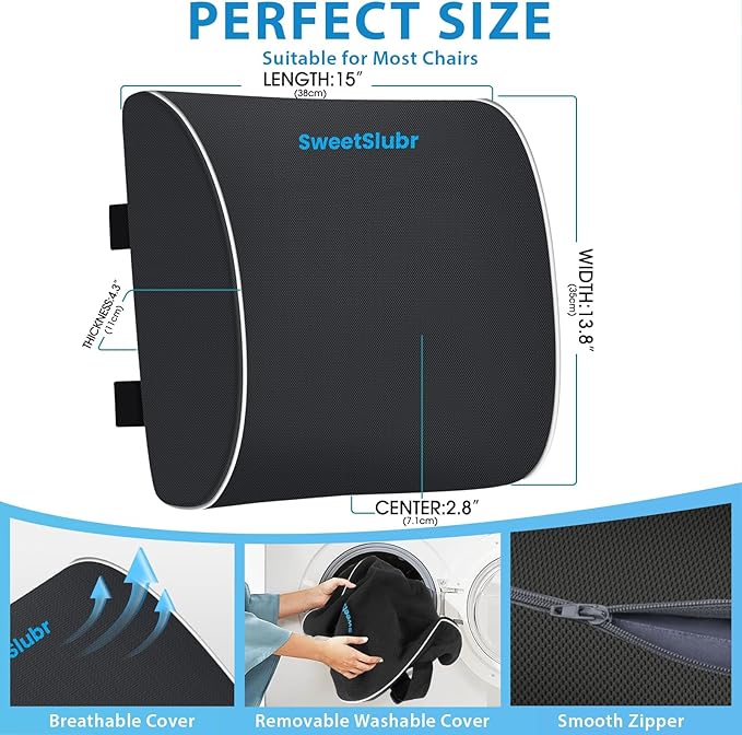 Large Lumbar Support Pillow for Office Chair, Car Seats and Home Desks, Ergonomic Back Support with Double Adjustable Straps, Machine Washable Cover, Grey