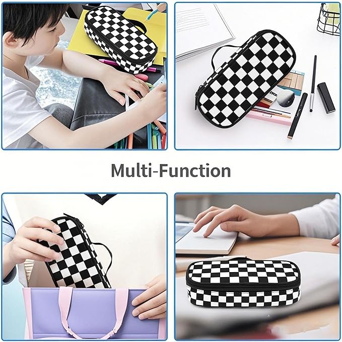 Black White Checkered Pencil Case Pencil Pouch Large Capacity Pen Bag School Office Organizer Stationery Storage Box For Girls Boys Teen Kids