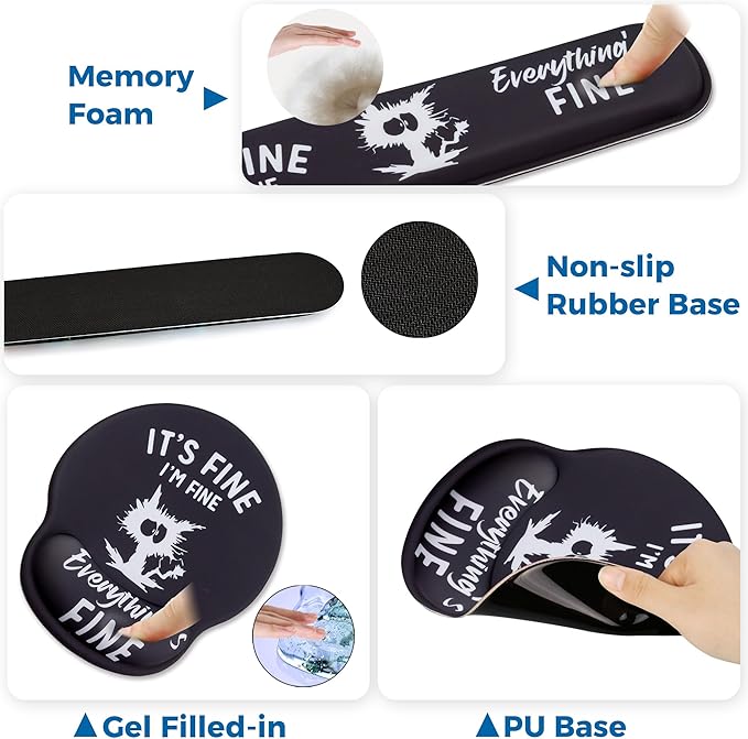 Mouse Pad and Keyboard Wrist Rest Support, with Non-Slip PU Base,Gel Mouse Pad with Coaster,Pain Relief for Gaming, Computer,Office -Cats