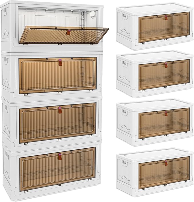 4 Tier Storage Bins with Lids 102QT - Stackable Containers with Wheels, Folding Boxes, Set of 25