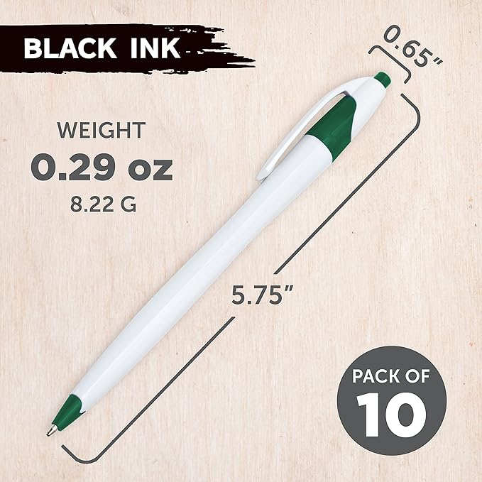 DISCOUNT PROMOS Slim Curvy Ballpoint Pens Set of 10, Bulk Pack - Black Ink, Retractable, Great for Office, School, Tradeshows - Green