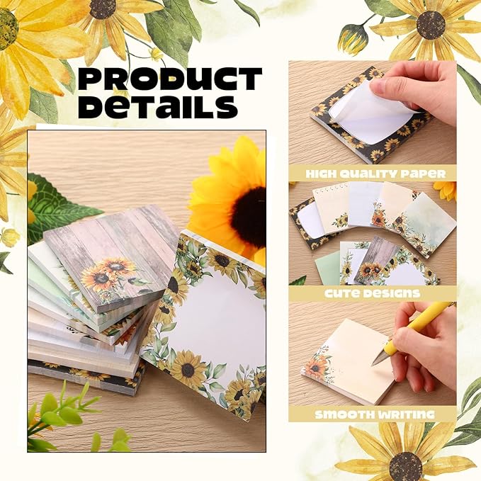 9 Pads Sunflower Sticky Notes Cartoon Self Stick Notepads 3x3 Inches Notes Adhesive Memo Pad Office Decor Gifts for Students School Teacher Office Meeting