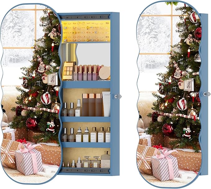 Lvifur Jewelry Armoires with LED Lights, Hanging Jewelry Storage Cabinet Lockable Wavy Mirror Jewelry Organizer, Lockable Frameless Mirror with Storage, LED Jewelry Cabinet Wall/Door Mounted(White)
