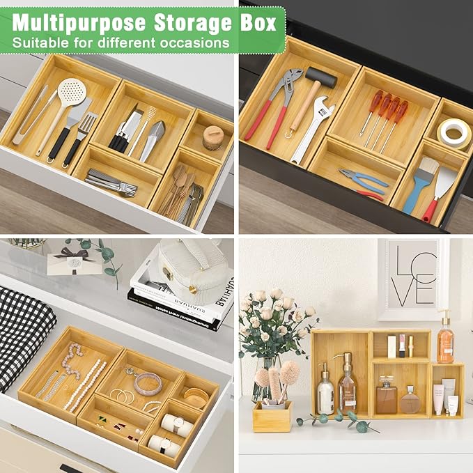 Bamboo Bathroom Drawer Organizer Dividers, Wooden Kitchen Utensil Holder Set of 5, Stackable Junk Drawer Organizer Tray, Multi-Use Storage Bins Boxs for Home, Office, Clothing, Makeup, Jewelry