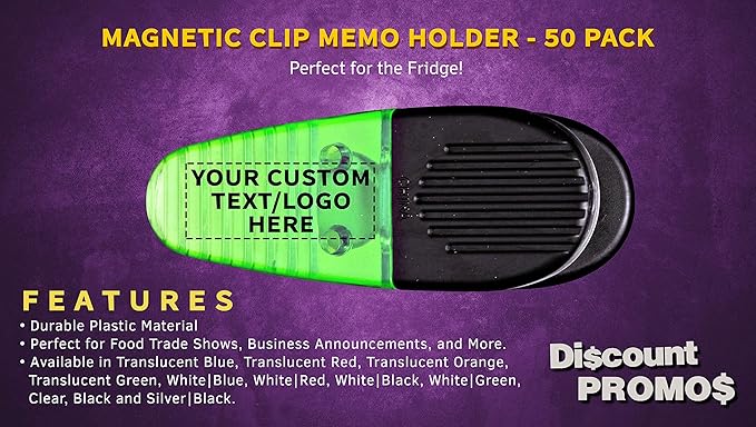 50 Magnetic Memo Holders Set - Customizable Text, Logo - Large Clip, Plastic - TGreen