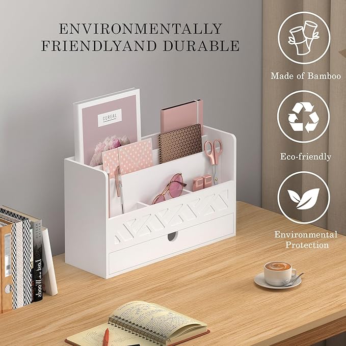 Wisuce Bamboo Mail Organizer Countertop Desktop with Drawer - Desk File Organizer for Office Supplies All-in-One Desk File Drawer with Pencil Holder for Paper Letter Envelope Bill