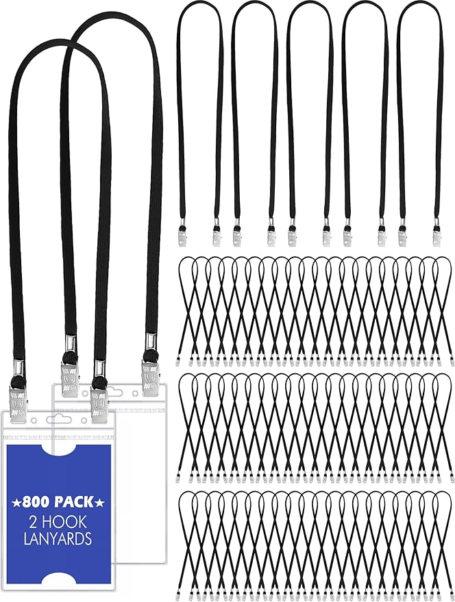 Patelai 800 Pack Double Clip Lanyards Bulk Face Mask Lanyard Twist Free 2 Hook Design Adjustable Badge Neck Strap for ID Name Badge Holder School Conference Office Class Essential (Black)