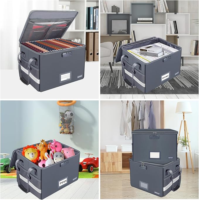 ENGPOW File Box with Lock, Fireproof Document Box with Pockets, Collapsible File Organizer Filing Storage Cabinet with Handle, Portable Home Office Safe for Hanging Letter/Legal Folders,Gray,2 Pack