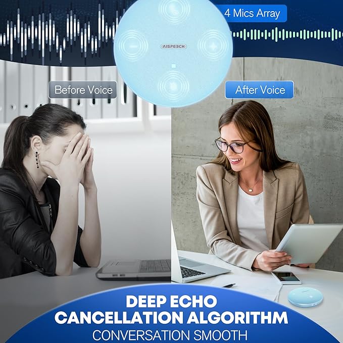 AISPEECH Bluetooth Conference Speakerphone M4 with AI Noise Reduction, AI Summaries, AI Transcription with 60-Language Support, 13FT 360° Voice Pickup,10-Hour Battery Life for Zoom and Teams, Blue