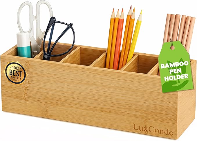 Bamboo Pencil Holder 13.3 X 3.1 X 3.8 In with 6 Adjustable Compartments. Desk Pencil Holder - Pen Holders for Desk, Desktop Pen Organizer - Pens Organizer, Organizador de Lapices