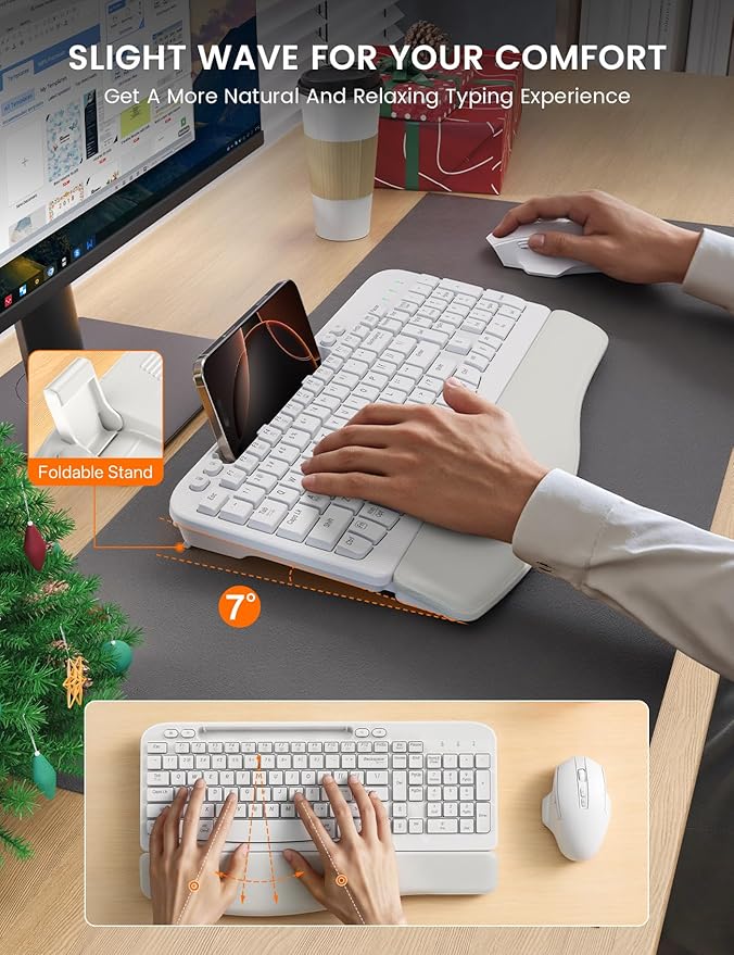 SABLUTE Wireless Keyboard and Mouse Combo, Ergonomic Wave Keys, Cushioned Palm Rest, Rechargeable, Phone Holder, Natural Typing, 2.4G Lag-Free, Full Size Keyboards Cordless Set for Windows/Mac, White