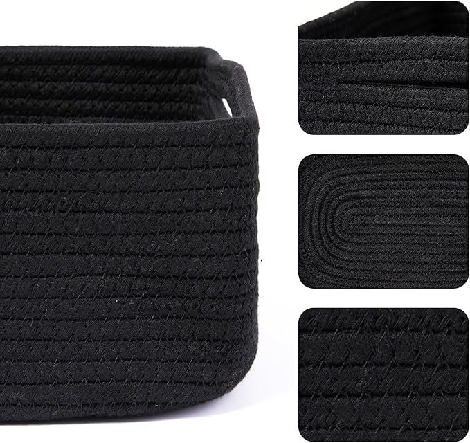 Small Storage Baskets for Organizing | Closet Organizer Bins | Shelf Toy Basket | Woven Rope Baskets | Cube Decorative Box | Shallow Basket | 13x8.5x5.1” | 4 Packs Black